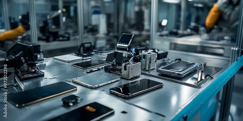 Factory production line with disassembled smartphones. Factory production line with disassembled smartphones.