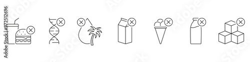 Unhealthy Food Line Icon Set to Avoid in Diet. Nutrition Symbols for Unhealthy Food and Drink Exclusion. Health and Nutrition Management. Editable Stroke. Isolated Vector Illustration