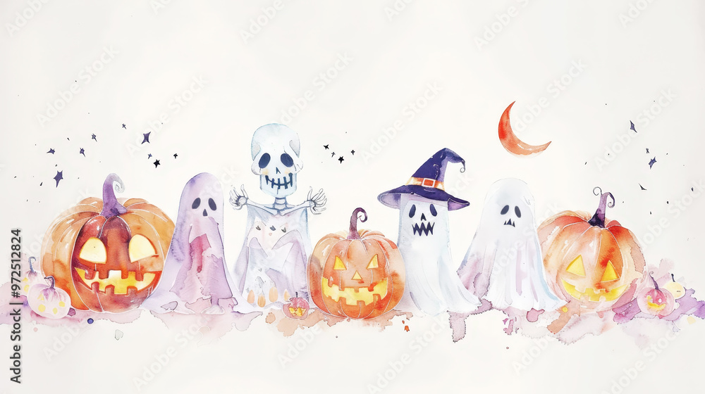 Naklejka premium Aesthetic halloween watercolor mockup with pumpkins, ghosts, skeletons, pastel light colors and backdrop. Generative AI