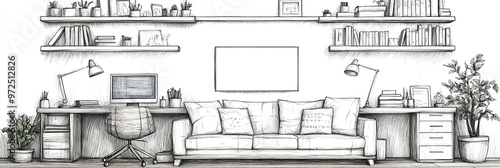 Line interior home art room design illustration outline sketch furniture  photo