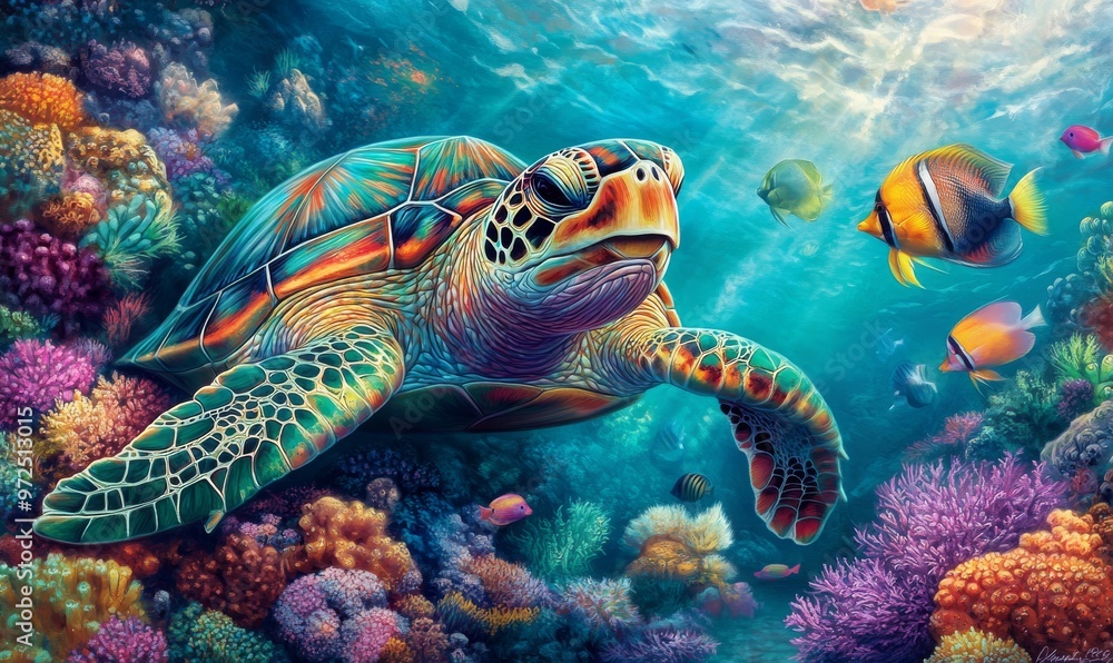 Turtle with colorful fish and sea animals in ocean, with colorful coral. Stock image. Turtle with colorful fish and sea animals in ocean, with colorful coral. Stock image.