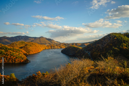 Aerial view of Chopyeong Reservoir of Mukbangisan Mountain in autumn near Jincheon-gun, South Korea