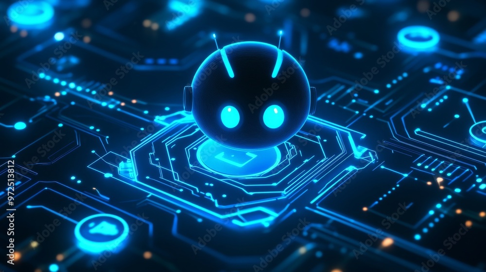 This is an abstract digital AI robot on a circuit board light blue background. A chat bot on a circuit board background. A low polygonal modern illustration with a digital character. A 3D polygonal This is an abstract digital AI robot on a circuit board light blue background. A chat bot on a circuit board background. A low polygonal modern illustration with a digital character. A 3D polygonal
