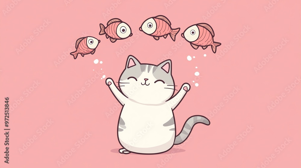 Naklejka premium A cute, cartoon cat catches fish.