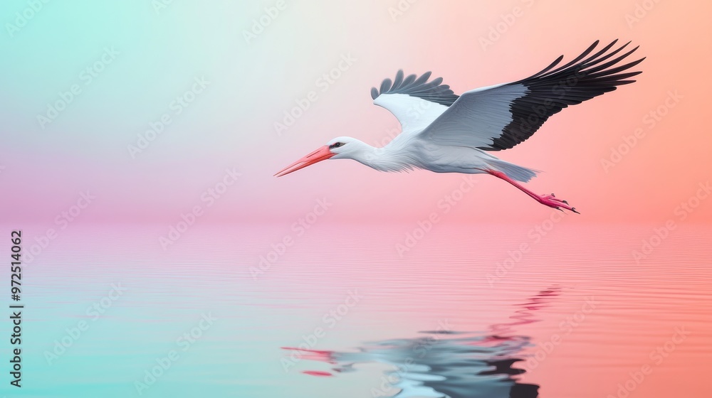 On a pale blue background, a cute baby stork flies over the water. On a pale blue background, a cute baby stork flies over the water.
