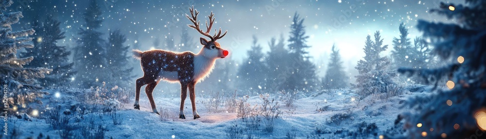 A majestic reindeer stands in a snowy forest, surrounded by sparkling snowflakes, embodying the spirit of winter and Christmas cheer. A majestic reindeer stands in a snowy forest, surrounded by sparkling snowflakes, embodying the spirit of winter and Christmas cheer.