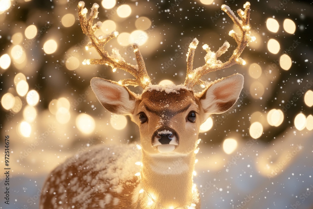 The image is a cozy 3D render of a deer with festive antlers, standing in a snowy forest with holiday lights in the background, created using AI The image is a cozy 3D render of a deer with festive antlers, standing in a snowy forest with holiday lights in the background, created using AI