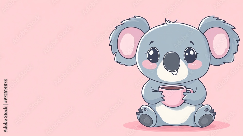Naklejka premium Cute cartoon koala holding a cup of coffee.