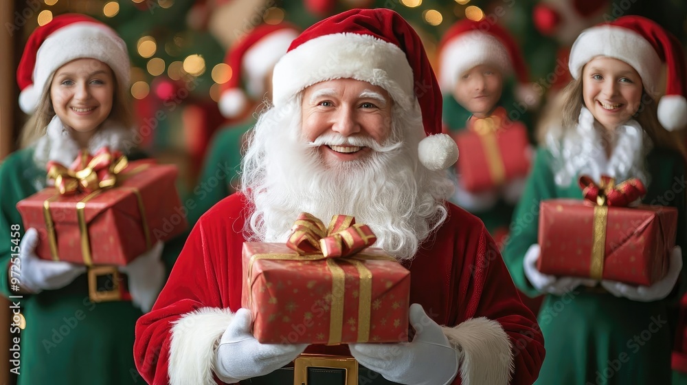 Cheerful Santa holds a gift surrounded by joyful elves in a festive backdrop, perfect for holiday celebrations and marketing. Cheerful Santa holds a gift surrounded by joyful elves in a festive backdrop, perfect for holiday celebrations and marketing.