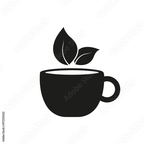 Cup with Leaves Silhouette Icon. Herbal Tea, Matcha, Organic Coffee Made from Natural Ingredients. Isolated Vector Illustration