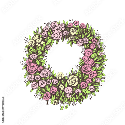 Funeral mortuary mourning flower wreath isolated on white background. Hand drawn vector isolated symbol of cemetery and burial place. Sketch vintage illustration for design of funeral service