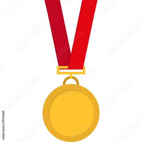 Gold Medal with Red Ribbon. Vector Isolated Illustration