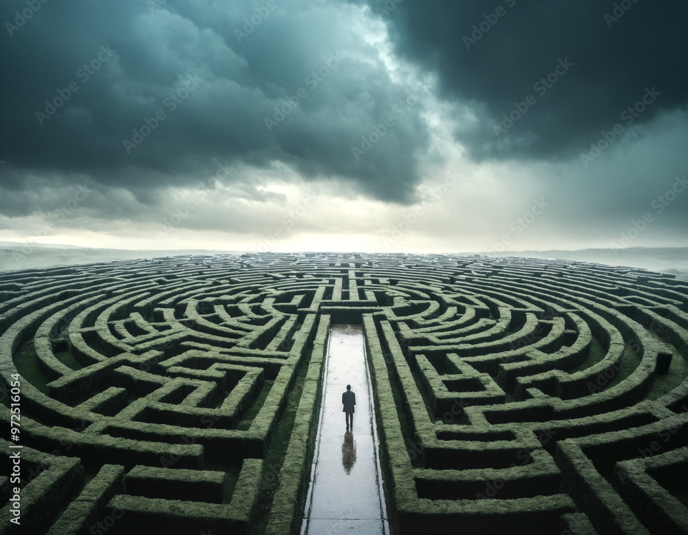 Intricate labyrinth under a stormy sky. Silhouette of a person at the maze entrance. Concepts of challenge, decision making, choices and contemplation. Intricate labyrinth under a stormy sky. Silhouette of a person at the maze entrance. Concepts of challenge, decision making, choices and contemplation.
