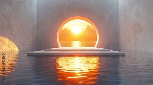 3d render abstract minimalist white background with empty hemispheric pedestals for product presentation golden round arch and reflection in the water