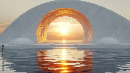3d render abstract minimalist white background with empty hemispheric pedestals for product presentation golden round arch and reflection in the water