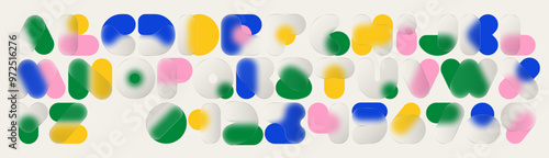 Glassmorphism font with translucent shapes forming an abstract gradient alphabet and numbers. Minimalist vector letters with blur effect and layered transparency. 