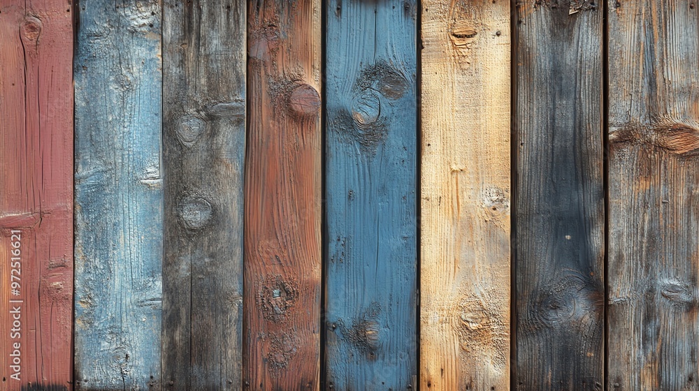 A close-up shot of weathered wooden planks, each painted a different color. A close-up shot of weathered wooden planks, each painted a different color.