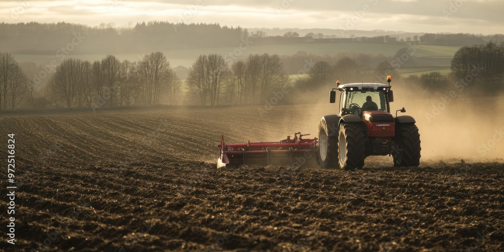 A tractor plowing a field, creating dust against a scenic rural backdrop. A tractor plowing a field, creating dust against a scenic rural backdrop.