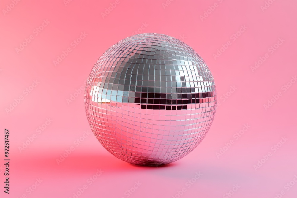 highly reflective silver disco ball with a sharp, defined edge, isolated on a bright, poppy pink background highly reflective silver disco ball with a sharp, defined edge, isolated on a bright, poppy pink background