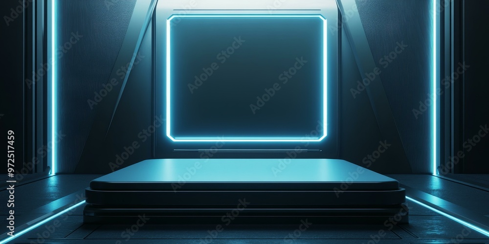 Blue neon lights illuminate a futuristic platform. Blue neon lights illuminate a futuristic platform.