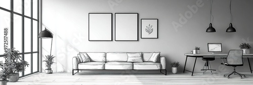 Line interior home art room design illustration outline sketch furniture  photo