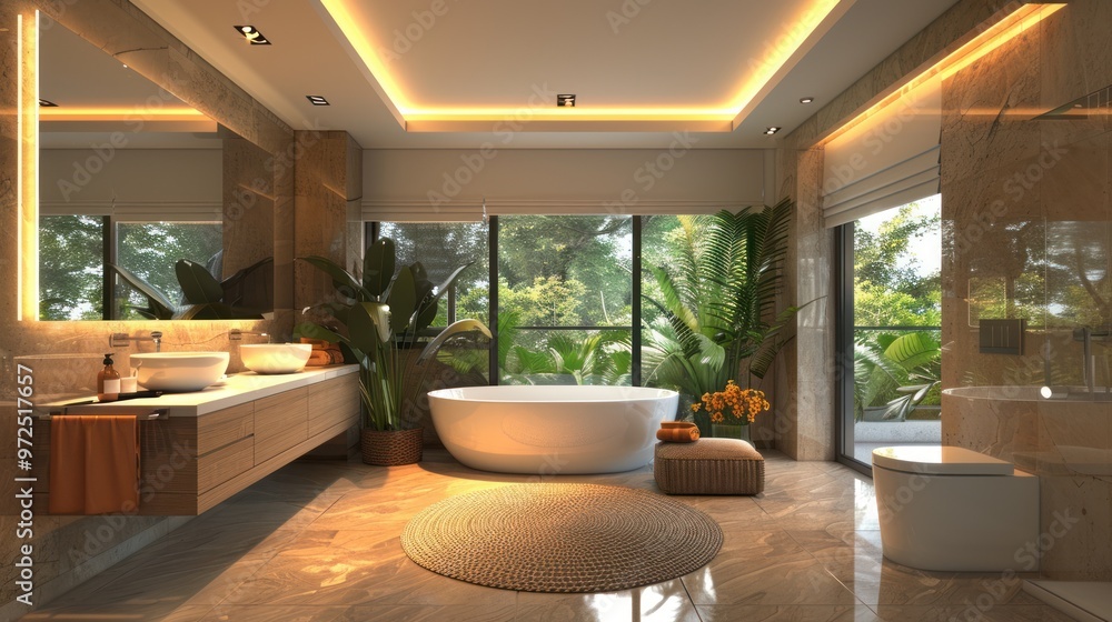 A luxurious bathroom with a large curved bathtub, a woven rug and lots of potted plants. The room is well lit with natural light coming in from a large window. A luxurious bathroom with a large curved bathtub, a woven rug and lots of potted plants. The room is well lit with natural light coming in from a large window.
