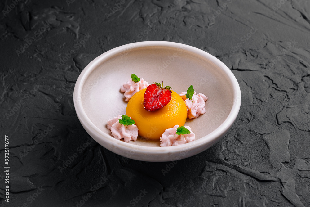 Delicious mango panna cotta dessert with strawberry and mint on black background Delicious mango panna cotta dessert with strawberry and mint on black background