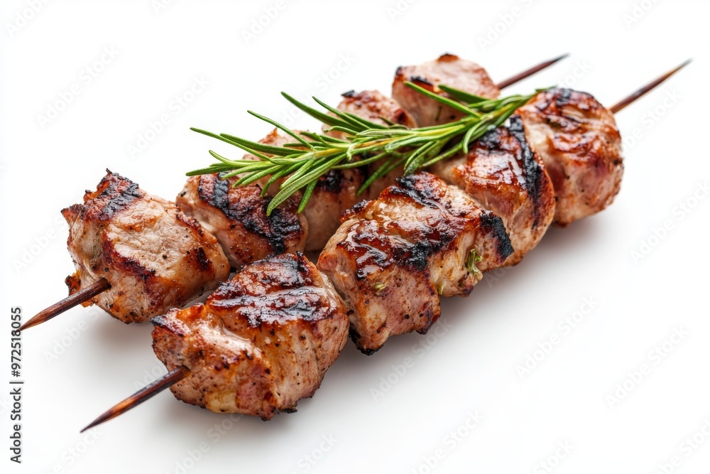 isolated on a crisp white background, a succulent grilled pork shish kebab, with a mix of lean and fatty meat, slightly charred and garnished with a sprig of rosemary isolated on a crisp white background, a succulent grilled pork shish kebab, with a mix of lean and fatty meat, slightly charred and garnished with a sprig of rosemary