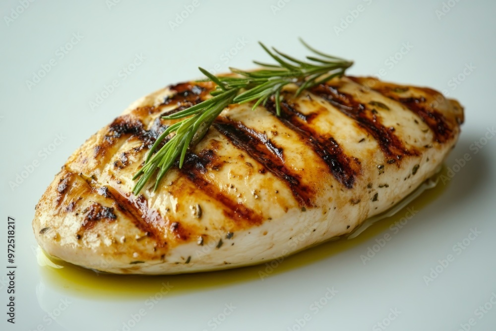 juicy grilled chicken breast on a plain white surface, with a slight char and a drizzle of olive oil juicy grilled chicken breast on a plain white surface, with a slight char and a drizzle of olive oil