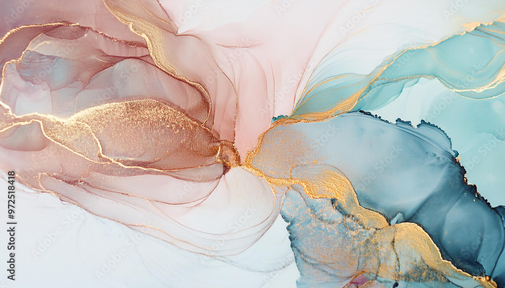 Fototapeta premium Natural luxury abstract fluid art painting in alcohol ink technique. Tender and dreamy wallpaper. Mixture of colors creating transparent waves and golden swirls. For posters, other printed materials
