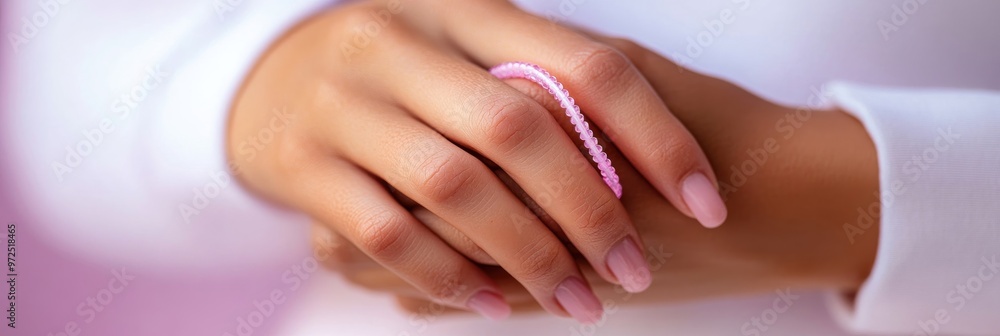 A close-up of a hand with soft pink nails and a pink accessory, suggesting elegance and style. A close-up of a hand with soft pink nails and a pink accessory, suggesting elegance and style.