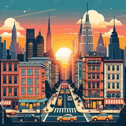 A city street with a sunset in the background