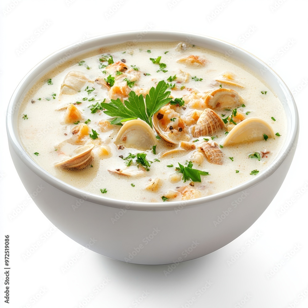 Bowl of clam chowder soup isolated on white background.