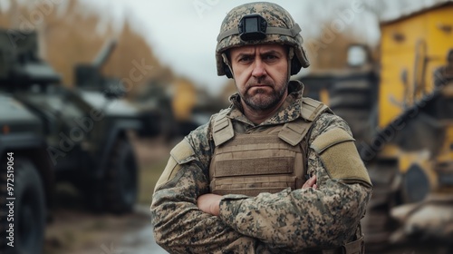 Military Soldier in Full Gear Amidst Armored Vehicles in Autumn Landscape for Defense Illustrations and Print Designs photo