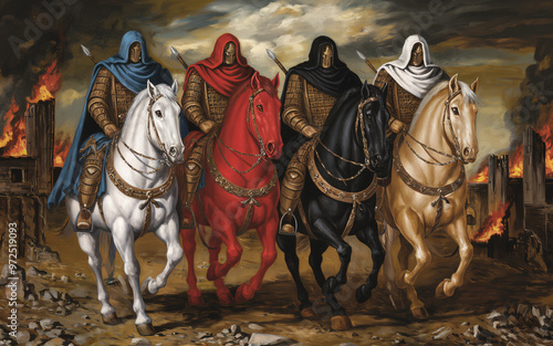 Four Horsemen of the Apocalypse - white for conquest, red for war, black for pestilence or famine, and pale for death - Fresco painting. Apocalyptic background. Stormy sky. Biblical prophecy.  photo