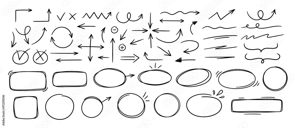 Naklejka premium Sketch line arrows and frames set. Doodle elements illustrations collection. Pointers, oval and square frames, check mark elements. Freehand black symbols.
