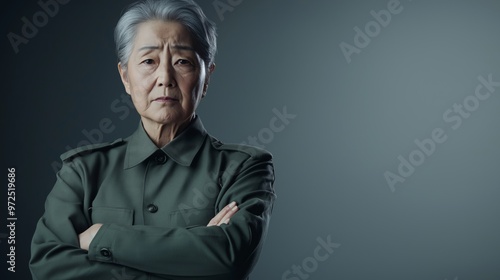 Elderly Female Korean Soldier Standing with Arms Crossed Against Neutral Background Professional Military Portrait