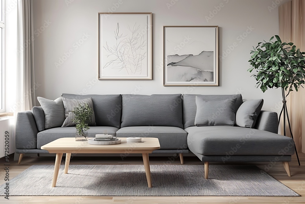 Slate grey sofa paired with a light oak table in a modern living setting. Slate grey sofa paired with a light oak table in a modern living setting.