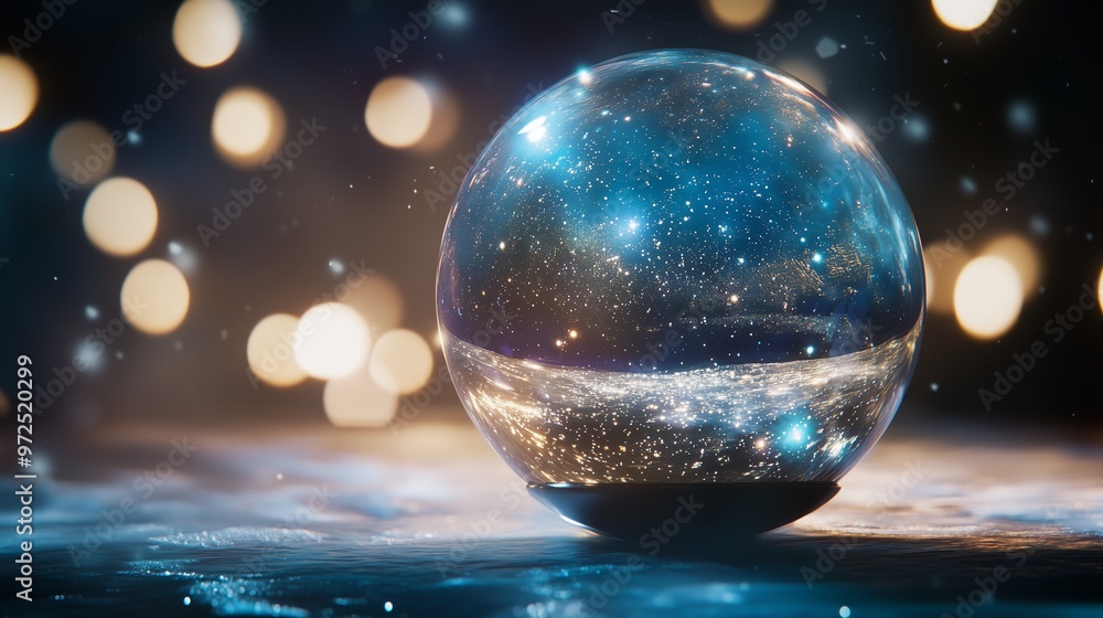 A crystal ball reflecting the cosmos, illuminated by soft lights, creates a magical atmosphere in an enchanting setting A crystal ball reflecting the cosmos, illuminated by soft lights, creates a magical atmosphere in an enchanting setting