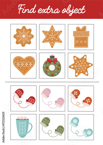 Christmas education logic game for children, preschool, kindergarten homeschooling. Children preschool activity worksheet with Christmas elements, easy level, education page with games.