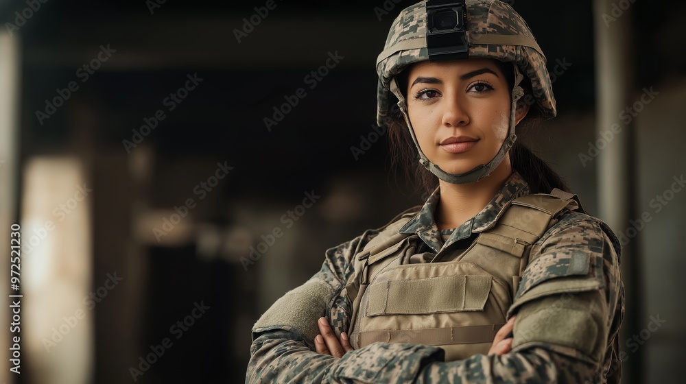 Proud Hispanic Female Soldier in Military Uniform Standing Confidently with Arms Crossed Proud Hispanic Female Soldier in Military Uniform Standing Confidently with Arms Crossed
