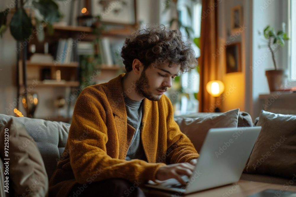 Young man working on laptop at home with a focus on the screen and keyboard, capturing the essence of remote work and technology in a cozy living room setting. Young man working on laptop at home with a focus on the screen and keyboard, capturing the essence of remote work and technology in a cozy living room setting.