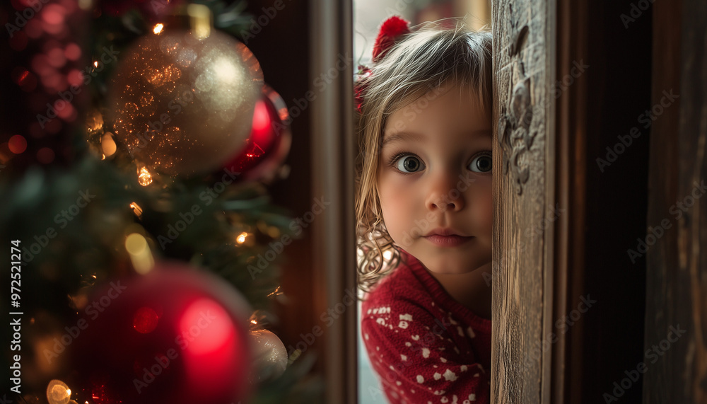 A child peeking through a slightly opened door at a room filled with Christmas decorations, wide-eyed with excitement A child peeking through a slightly opened door at a room filled with Christmas decorations, wide-eyed with excitement