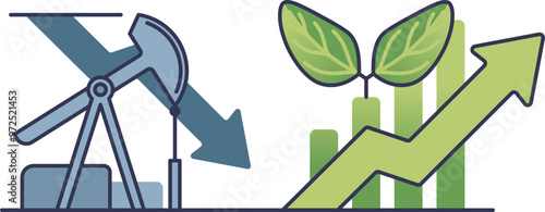 Oil pump and rising graph with leaves, symbolizing biomass energy growth compared to fossil fuels.
