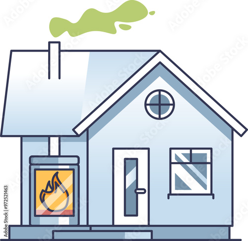Illustration of a cozy blue house with a biomass stove, symbolizing eco-friendly heating.
