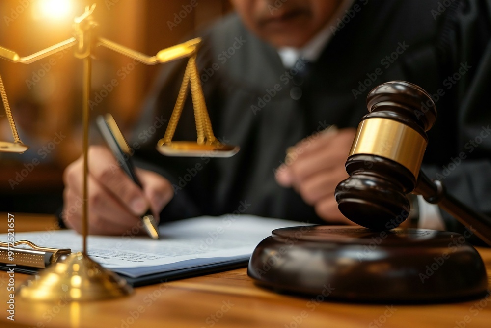 close-up shot of a male judge writing on legal documents in a courtroom, showcasing a professional and authoritative atmosphere. close-up shot of a male judge writing on legal documents in a courtroom, showcasing a professional and authoritative atmosphere.