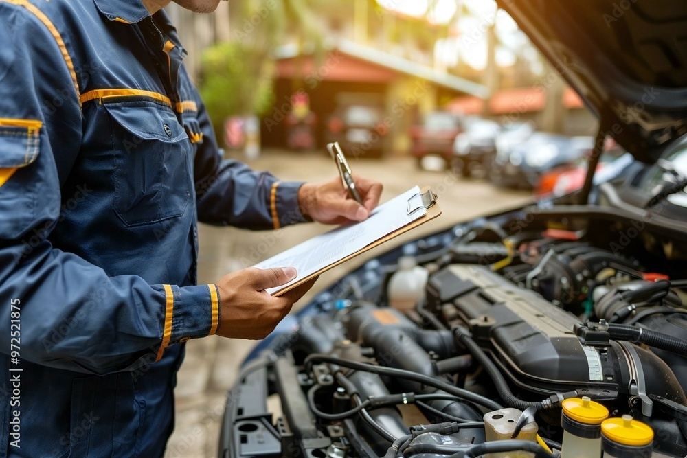 Mechanic inspecting open car engine on street holding clipboard. Mechanic inspecting open car engine on street holding clipboard.