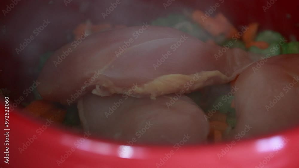 Cooking Chicken Soup with Chicken Breast in a Red Pot on the Stove Close-Up Cooking Chicken Soup with Chicken Breast in a Red Pot on the Stove Close-Up