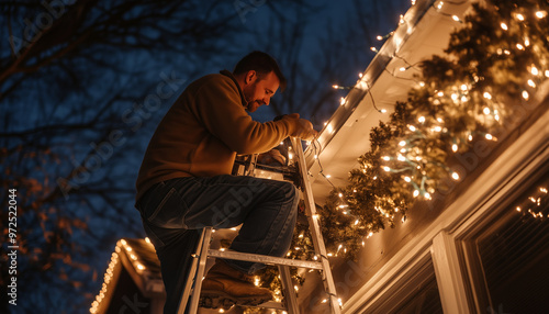 A father setting up Christmas lights on the roof, with a ladder and lights strewn about