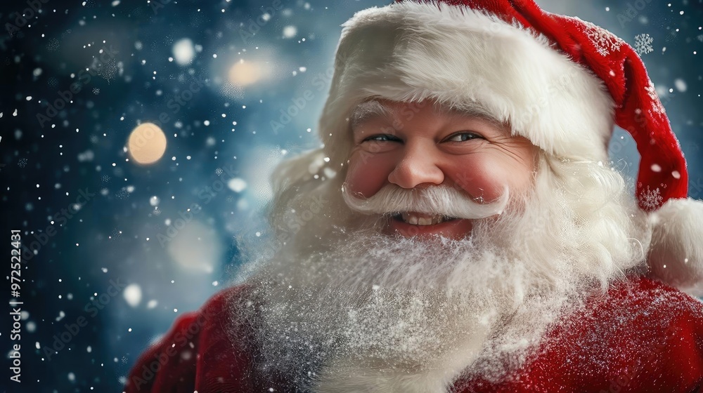 Joyful Santa Claus smiling amidst falling snowflakes, capturing the festive spirit of Christmas and holiday cheer. Joyful Santa Claus smiling amidst falling snowflakes, capturing the festive spirit of Christmas and holiday cheer.